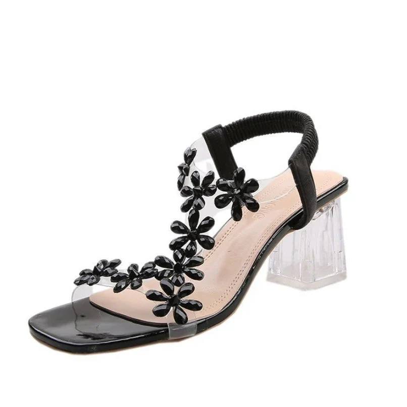 Women's Flower Rhinestone Block Heel Sandals - Image 6
